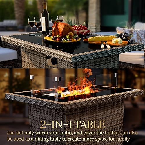 Miniatura 2 de Yoyomax Mesa para fogata de propano de ratán tejido a mano de 44 pulgadas, salida de calor de 60,000 BTU, sin humo, parte superior de vidrio, marco