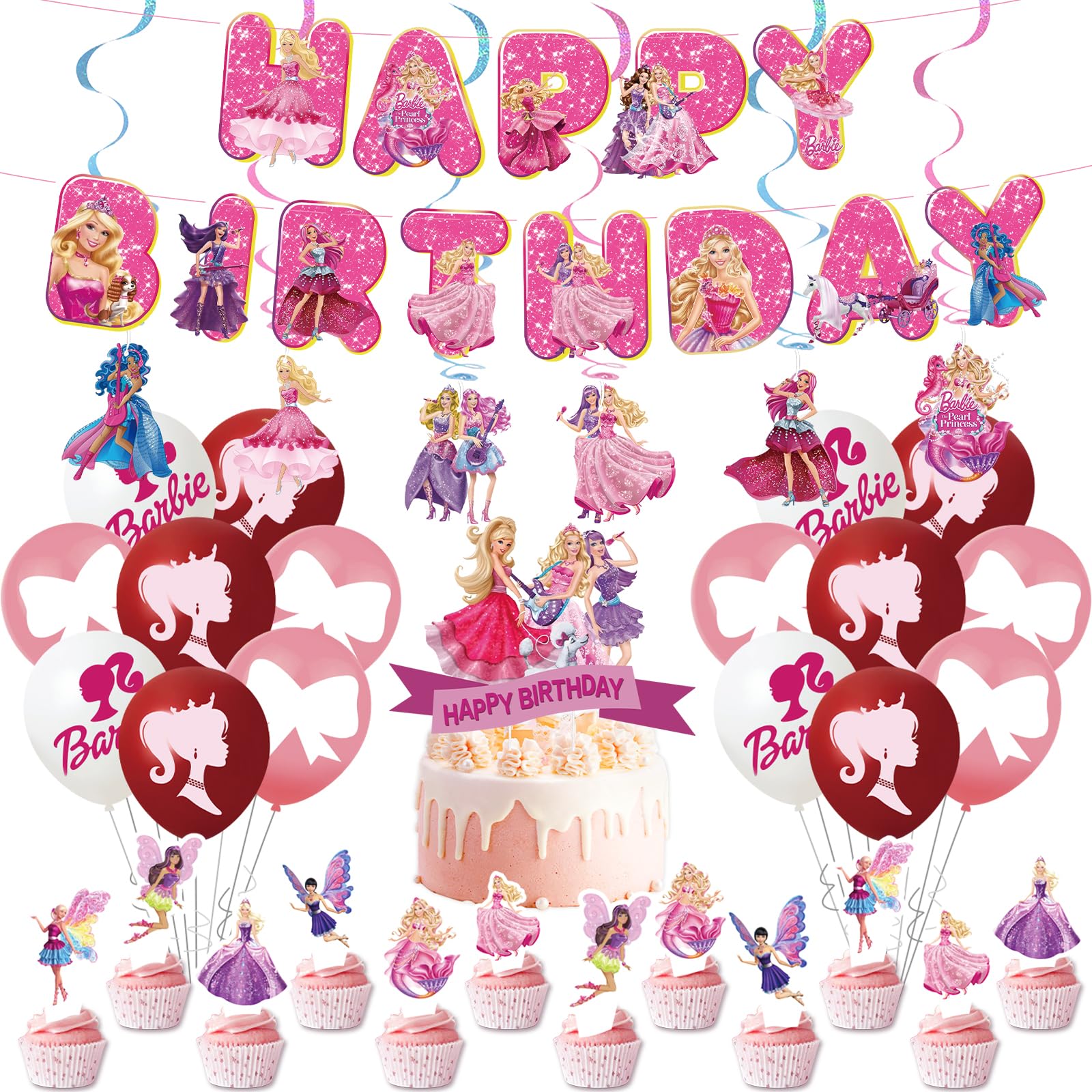38PCS Pink Princess Party Supplies - Theme Decorations for Girls' Birthday, Includes Cake Topper, Balloon Banner & Swirls