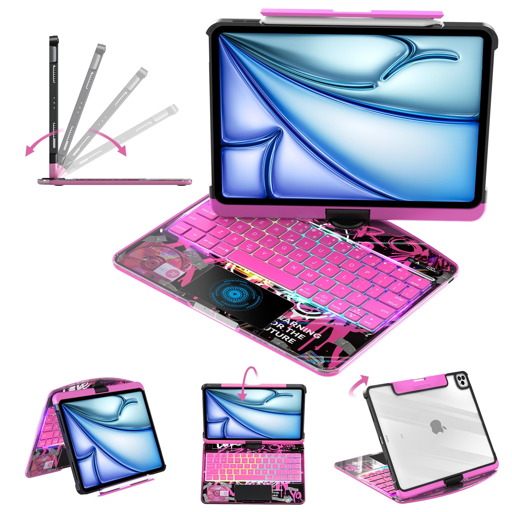 Clear Keyboard Case for iPad Air 13" (M3/M2, 2025/2024) &amp; Pro 12.9" (3/4/5/6th Gen) 360° Swivel Multi-Touch Trackpad with Wireless Bluetooth 7-Color Backlight, Pencil Holder Pink