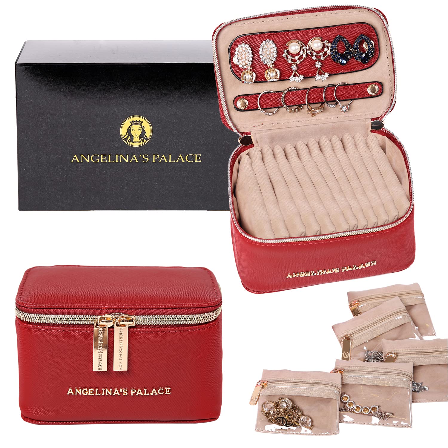 Angelina's Palace Organizer na biżuterię, prezent dla druhny, torba podróżna, wegańskie skórzane pudełko na naszyjnik, kolczyki, bransoletka, pierścionek (brandy)