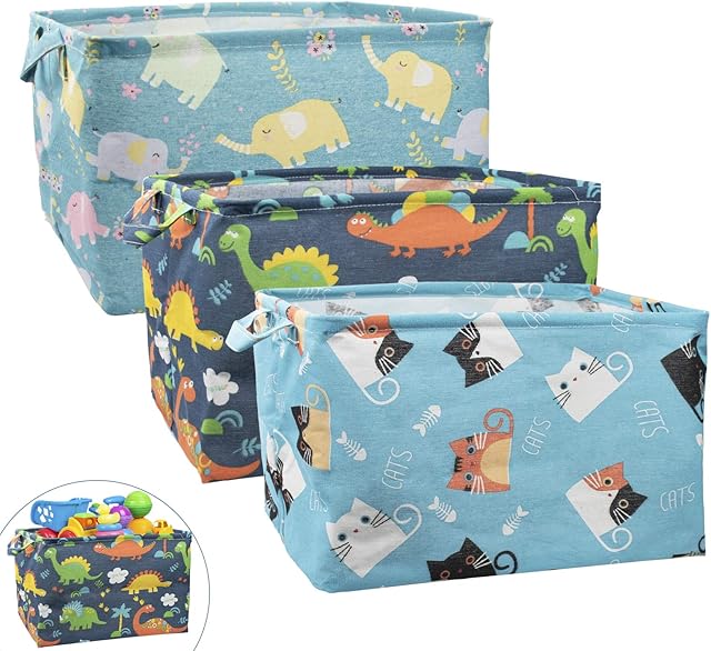 MOCOLOM 3Pcs Foldable Rectangular Canvas Storage Basket, Cute Toy Organizer Bins with Handles, Waterproof Clothes Storage Box for Nursery Home Closet Office Organization, Shelf & Toy Basket (Animal)