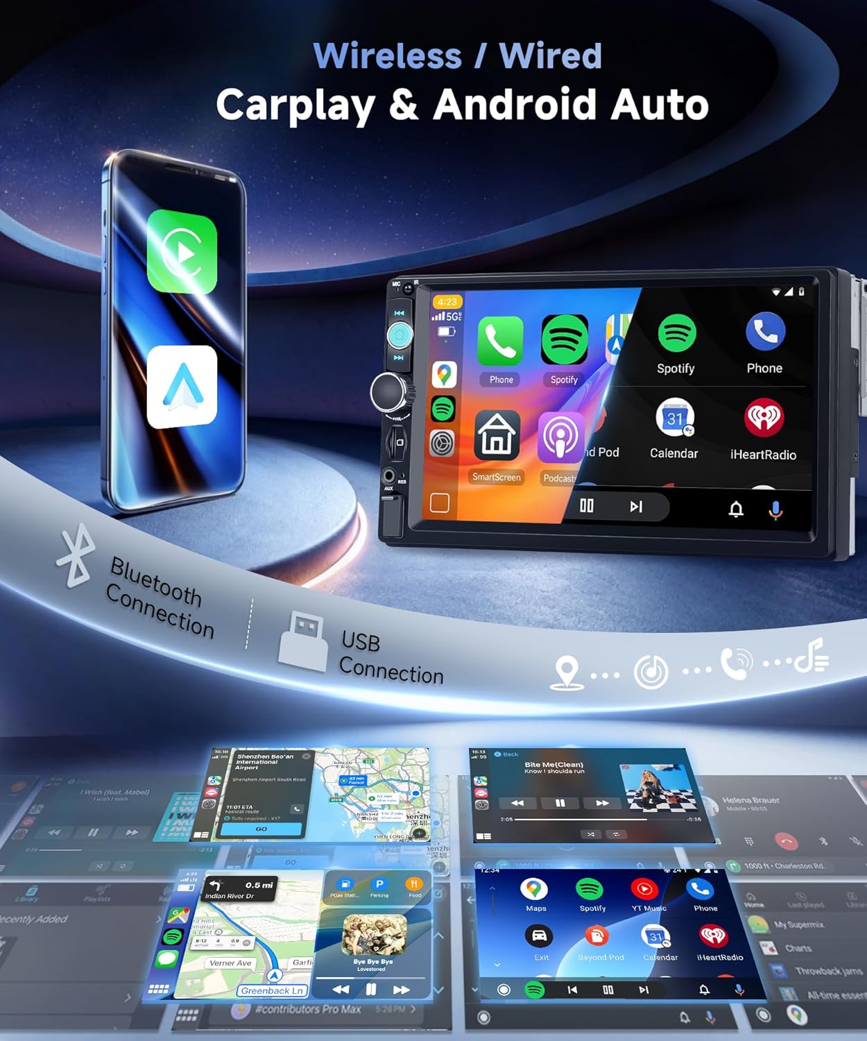 Single Din Car Stereo with Wireless Carplay Android Auto You-Tube, 7" IPS Touch Screen Car Radio 1 Din with Backup Camera Car Audio Receiver Support Mirror Link Bluetooth FM USB EQ SWC