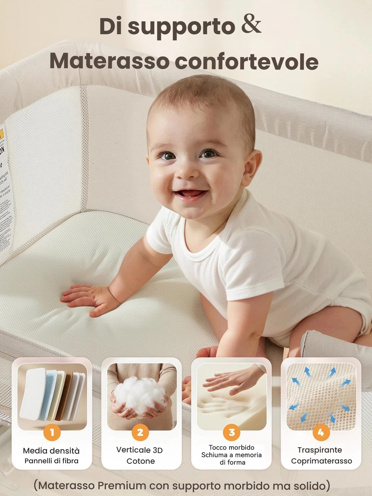 Culla Next To Me,Culla Neonato Fianco Letto 3-in-1 Oscillante con Ruote e Regolazione Altezza 6 Posizioni - Tessuto Mesh Traspirante e Materasso Morbido per Neonati e Infanti