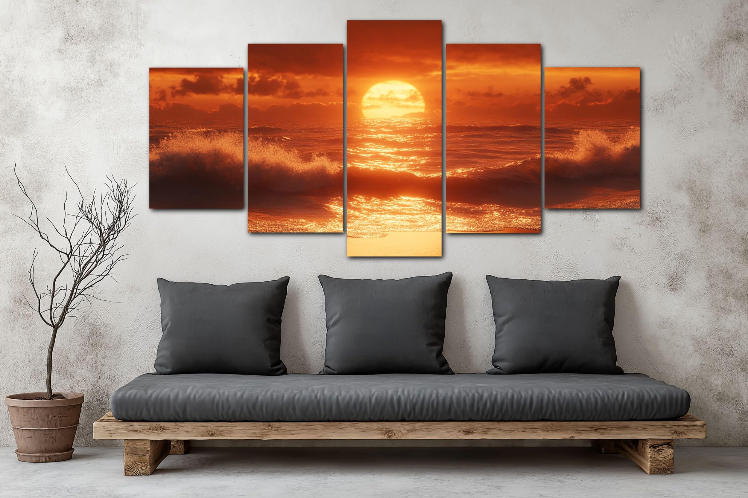 ZORYAN Bilder 150x75 cm 5 Teilig Sonnenuntergang Am Strand Leinwand Gold | Wandbilder Set für Wohnzimmer, Schlafzimmer - Moderne Wanddekoration