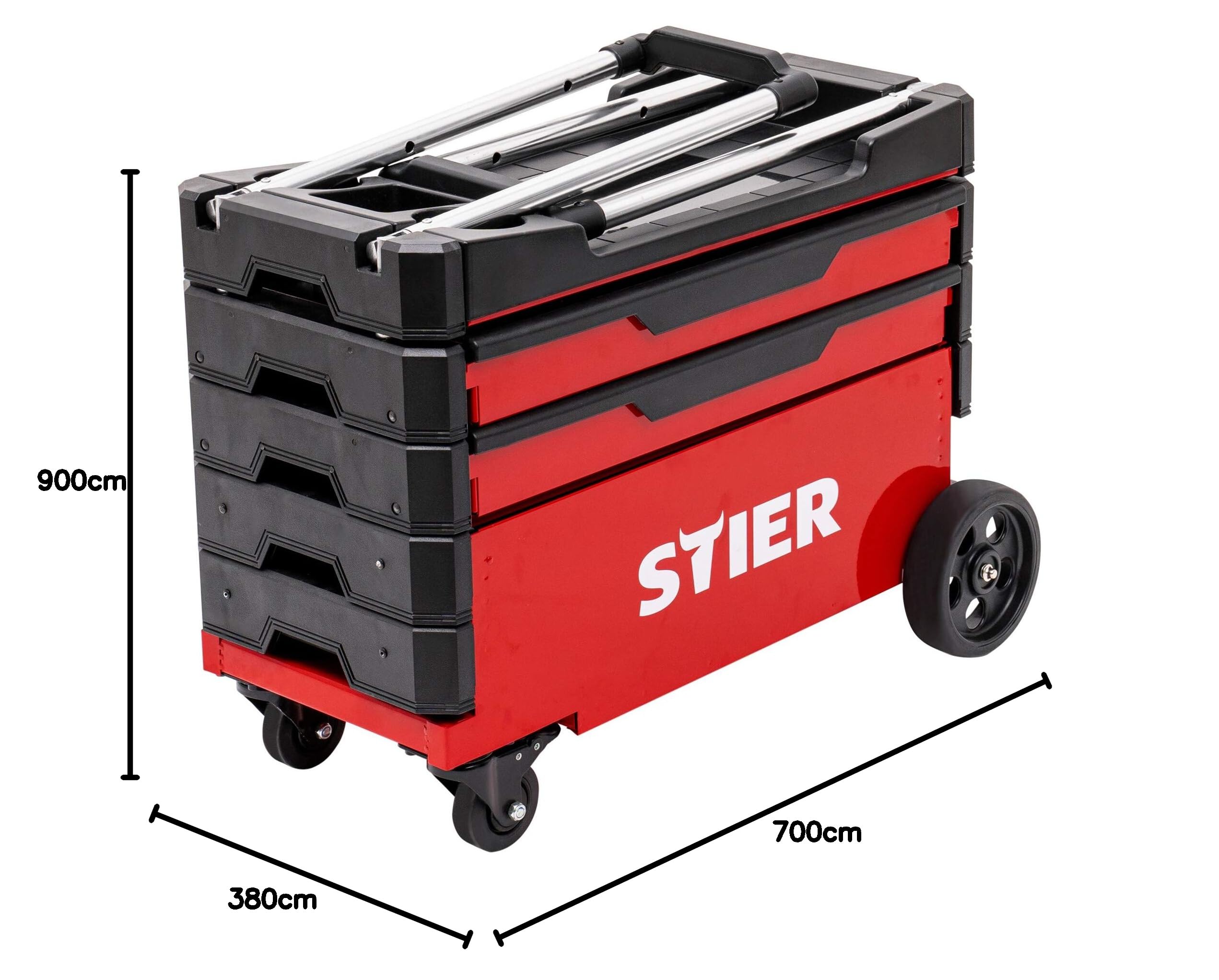 STIER Montagewagen, klappbar, 80kg Tragkraft, LxBxH 700x380x535 eingefahren, LxBxH 700x380x900mm ausgefahren, rollende Werkstatt, für Kleinteile und große Werkzeuge, Werkzeugkasten leer