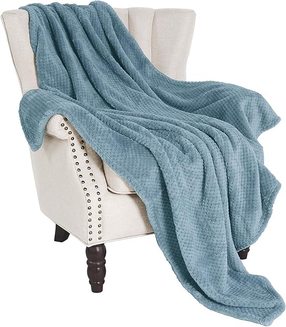 Exclusivo Mezcla Flannel Throw Blanket, 127x178 CM Soft Sofa Throws, Waffle Fleece Throws for Sofa, Slate Blue Blanket