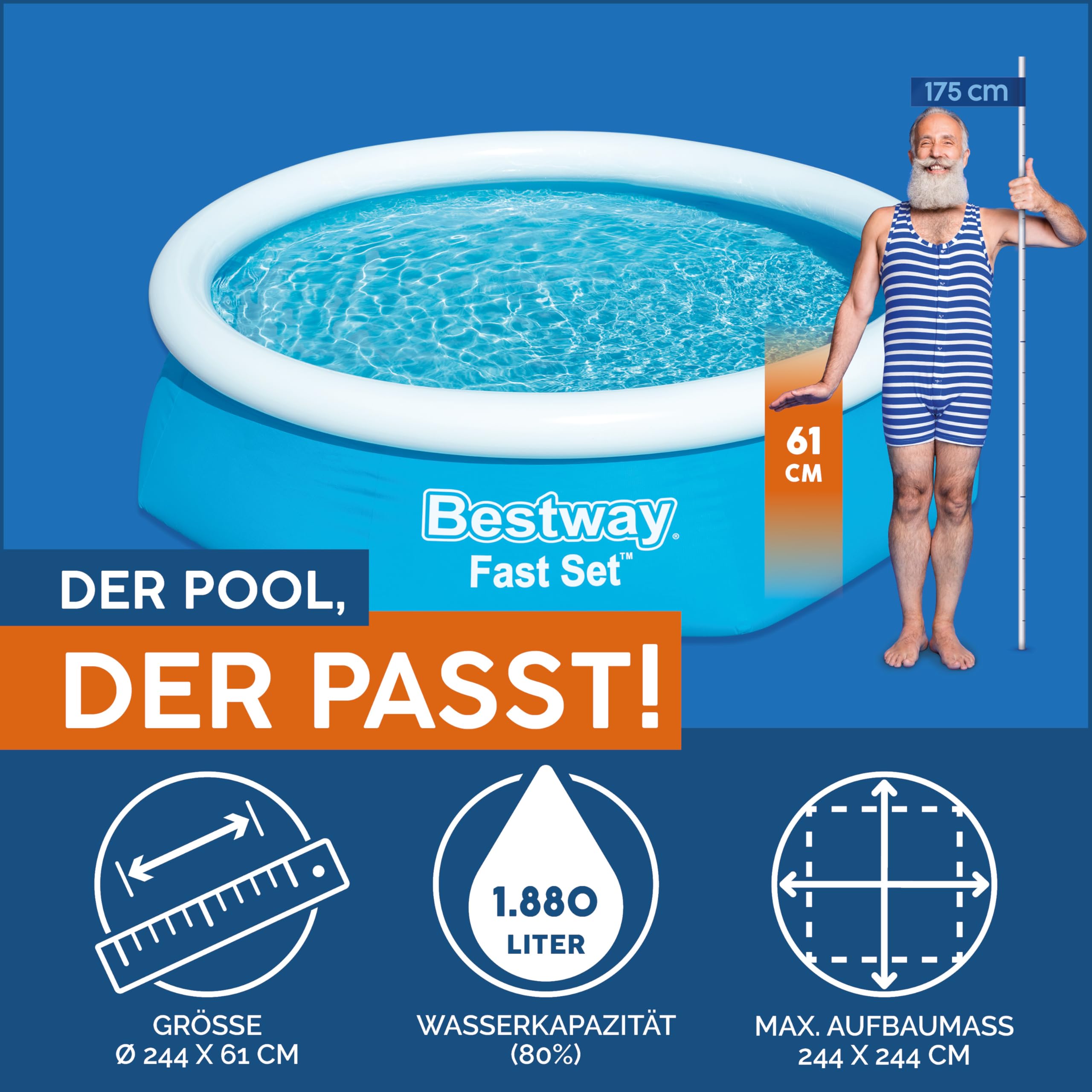 Bestway Fast Set Aufstellpool-Set mit Filterpumpe Ø 244 x 61 cm blau rund