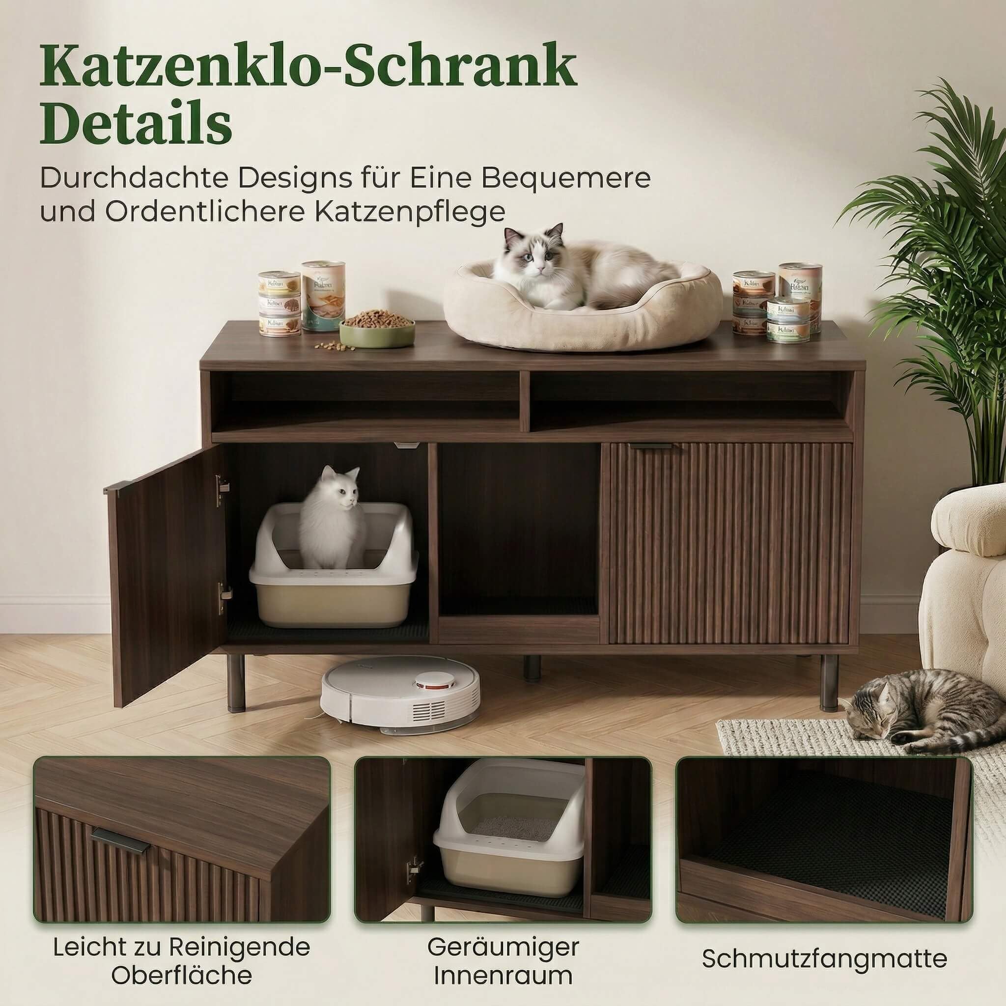 Katzenklo Schrank für 2 Katzen mit Sandauffangmatte, XXL Sideboard für Katzentoilette Versteckt, Multifunktionales Katzenhaus Möbel, Einfache Montage, Walnuss