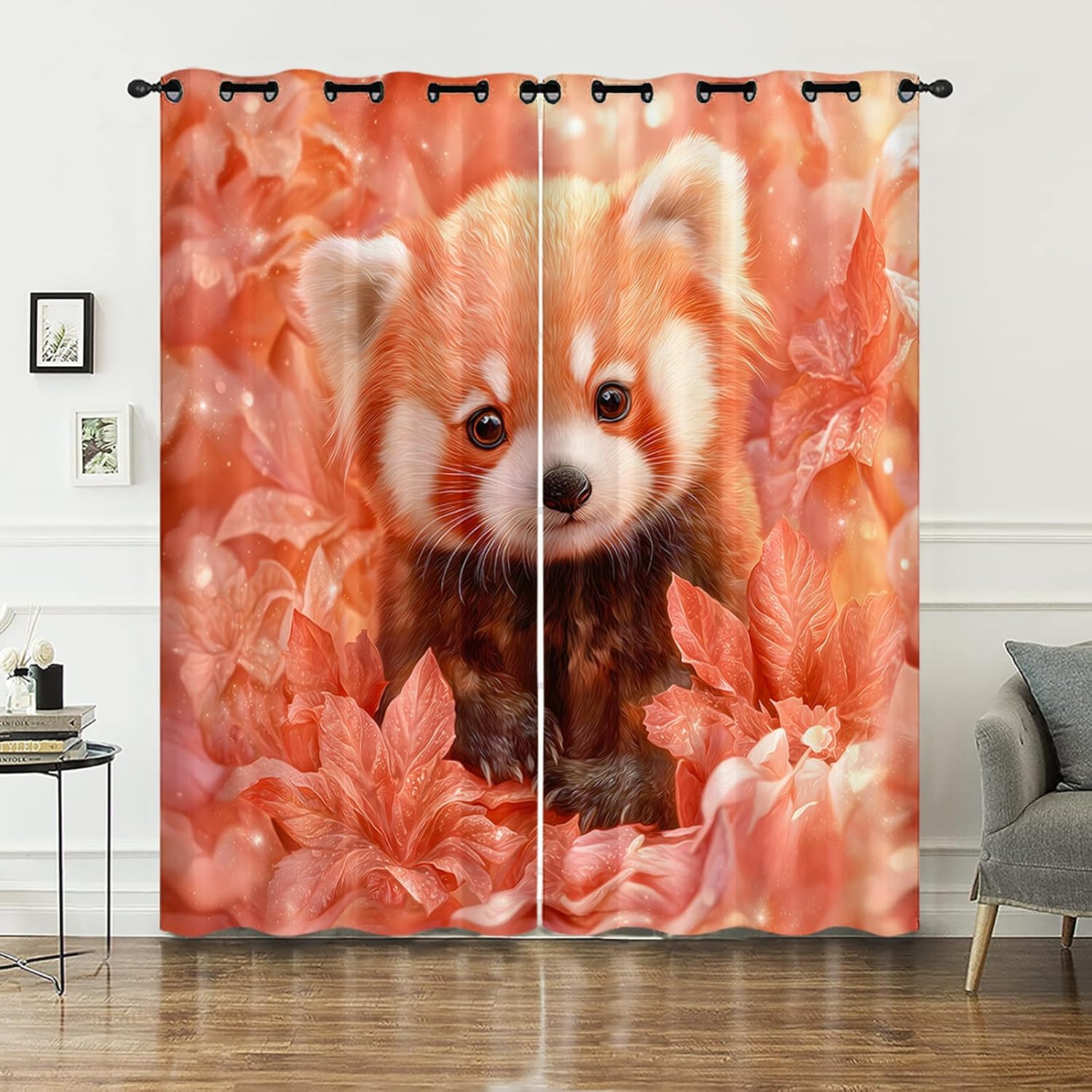 AILONEN Cute Red Panda Window Drapes for Kids Teens Girls, 38" W x 54" H,Red Maple Leaves Window Curtain,Kawaii Animal Wildlife Curtains 2 Panels