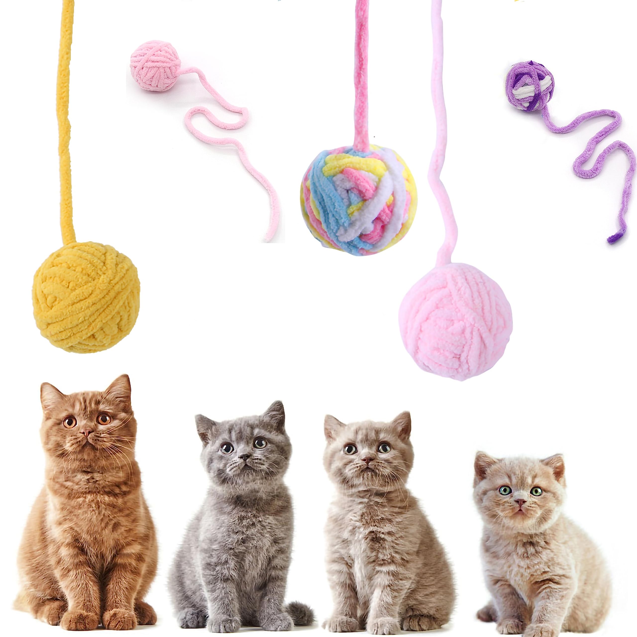 Cat Pet Yarn Balls, 4PCS (Purple, Pink, Rainbow, Yellow), Cat Toy Balls for Teasing, Indoor/Outdoor Use, Small Breed Recommended
