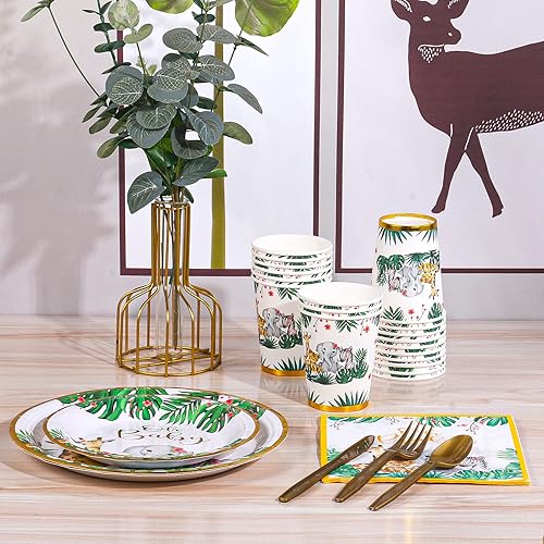 Miniatura 3 de Atonofun Suministros de fiesta de safari, juego de platos y servilletas para baby shower, platos de papel Jungle Oh Baby, vasos, servilletas y