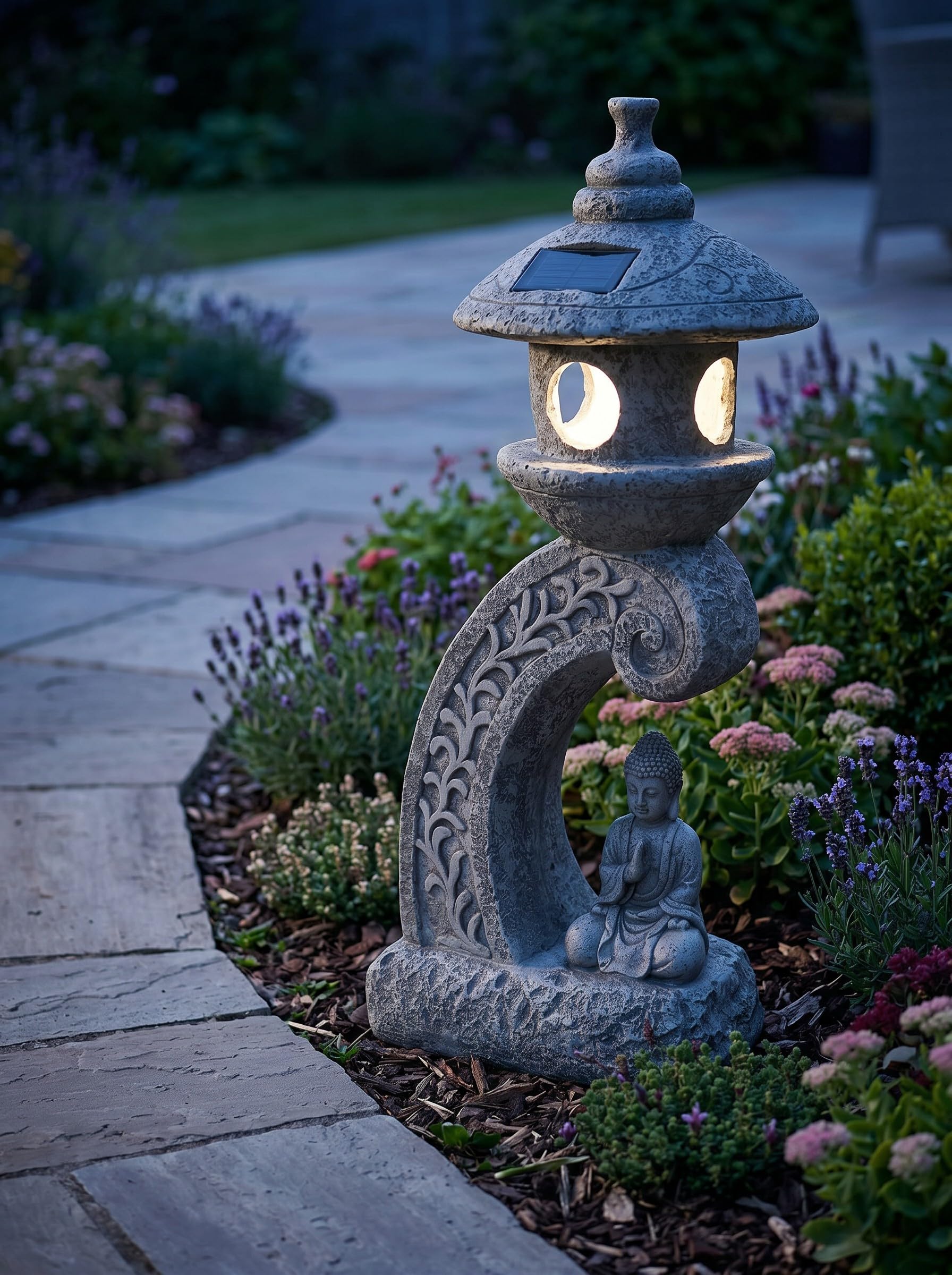 Arnusa Lampe solaire de jardin pagode 60 cm - Lampe de jardin LED aspect pierre avec Bouddha - Blanc chaud - Lanterne solaire pour jardin, terrasse et étang