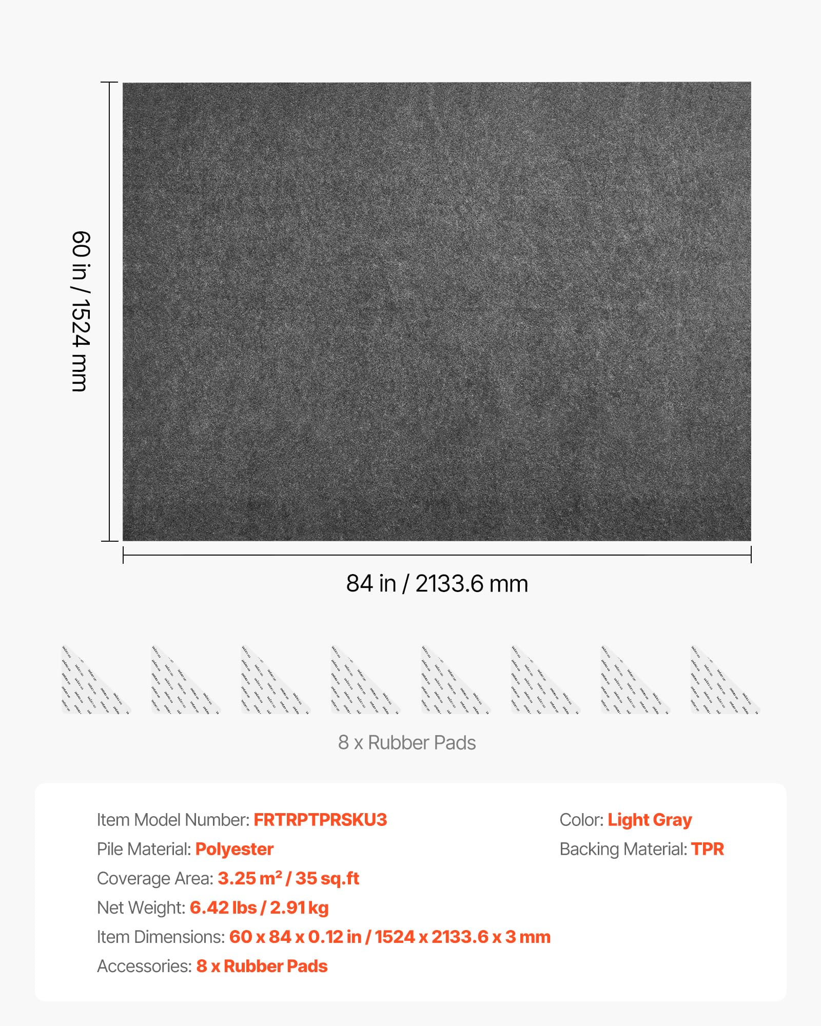 VEVOR Tappetino Antiscivolo Sottotappeto da 1524 x 2133,6 x 3 mm con Cuscino in Feltro a Doppia Superficie e Antiscivolo in Gomma, Protezione per Pavimenti in Legno per Tutti i Pavimenti, Finiture