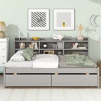Vista 21 de Cama de plataforma individual con estantería lateral, plataforma moderna con cajones de almacenamiento, marco de cama de madera maciza