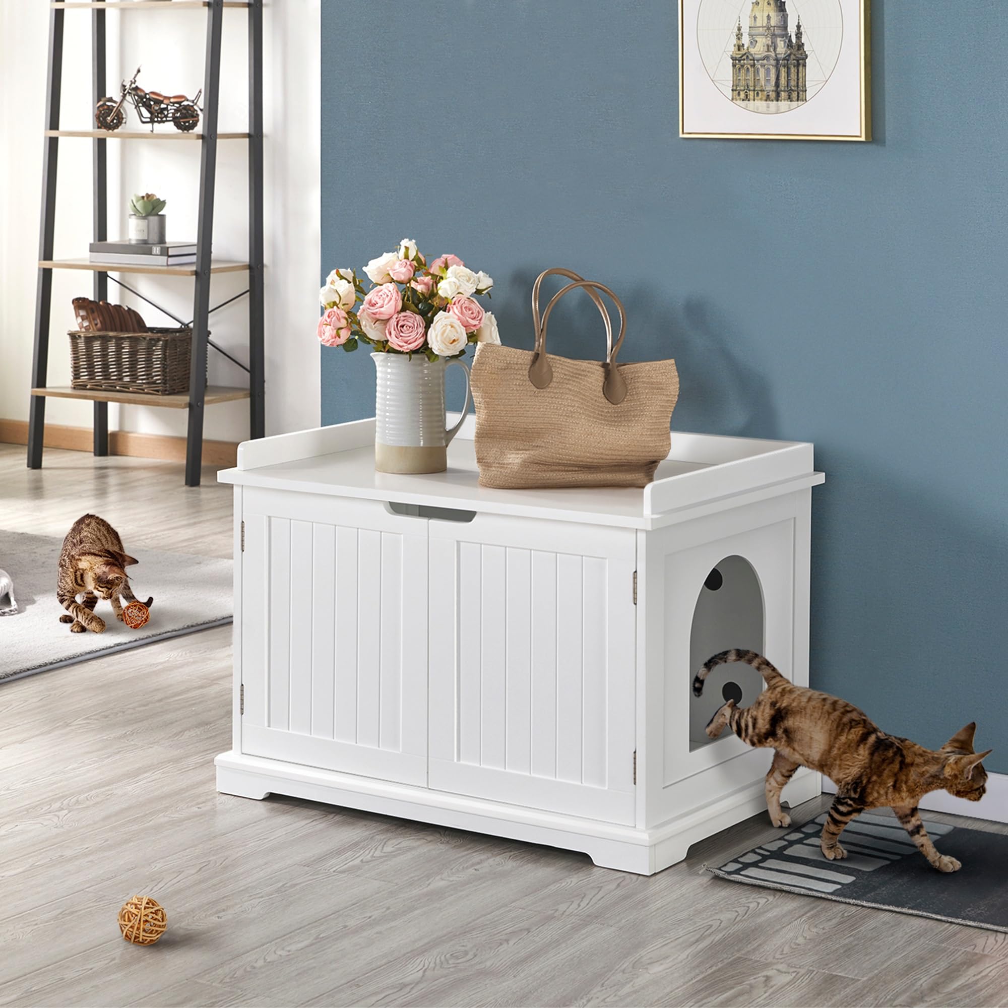 Yaheetech Mobile Lettiera per Gatti in Legno Casette per Gatti Mobiletto per Animali a 2 Ante Armadietto Nido Laterale Multiuso Grande con Divisiore Cuccia per Gatto 75,5 x 51 x 53 cm
