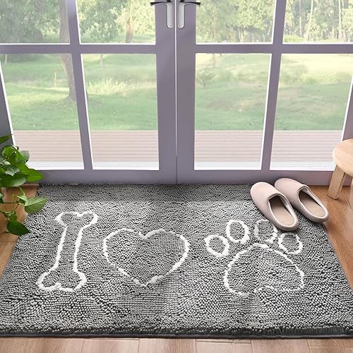 Pacapet Tapete para puerta de interior, tapete de felpilla para perros, súper absorbente para patas y zapatos fangosos, 20 x 32 pulgadas, color gris