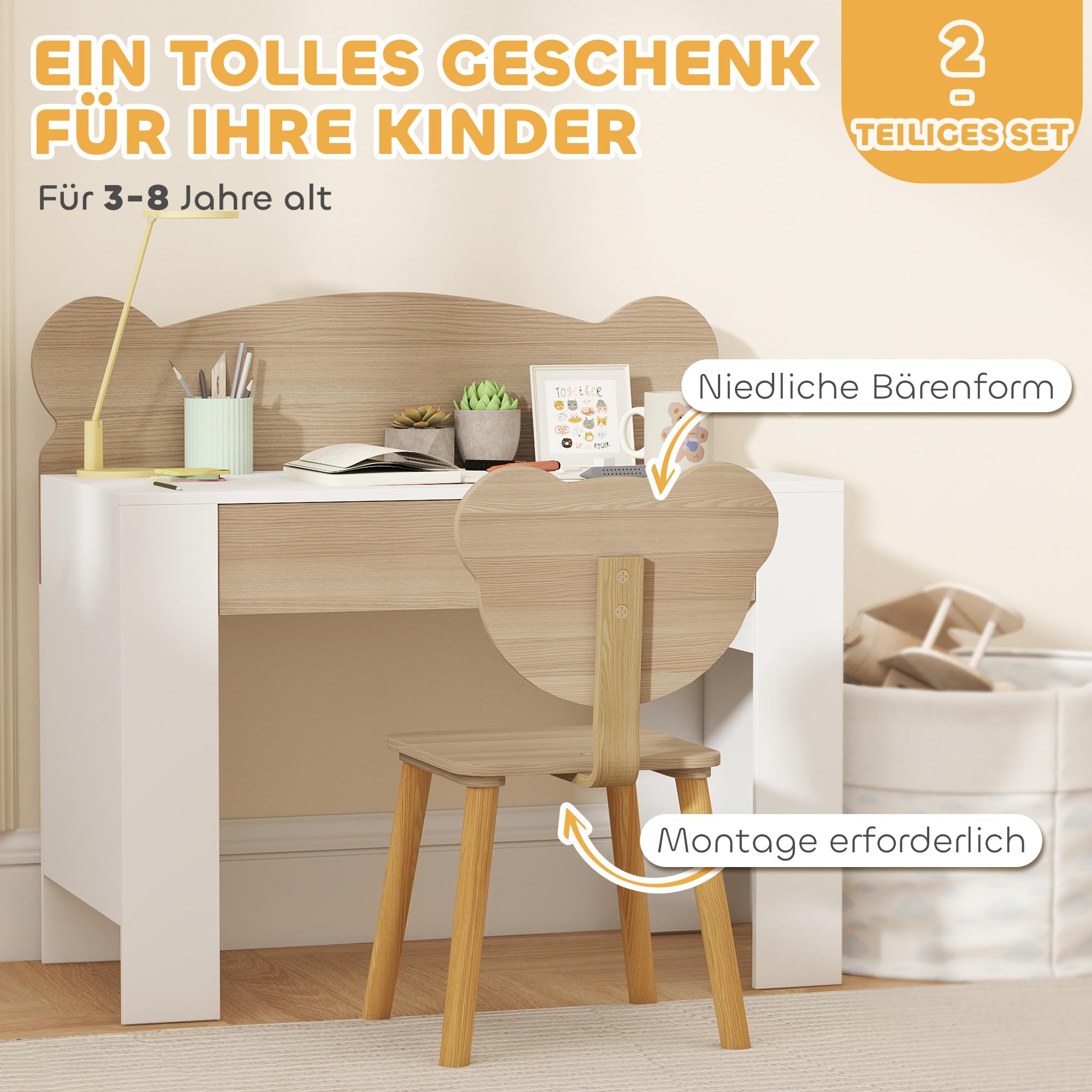 AIYAPLAY Kinderschreibtisch Set mit Tischplatte & Schublade Kinder Schreibtisch und Stuhl mit Bärenform Schülerschreibtisch Kindertisch Jugendschreibtisch für Jungs & Mädchen Naturholz