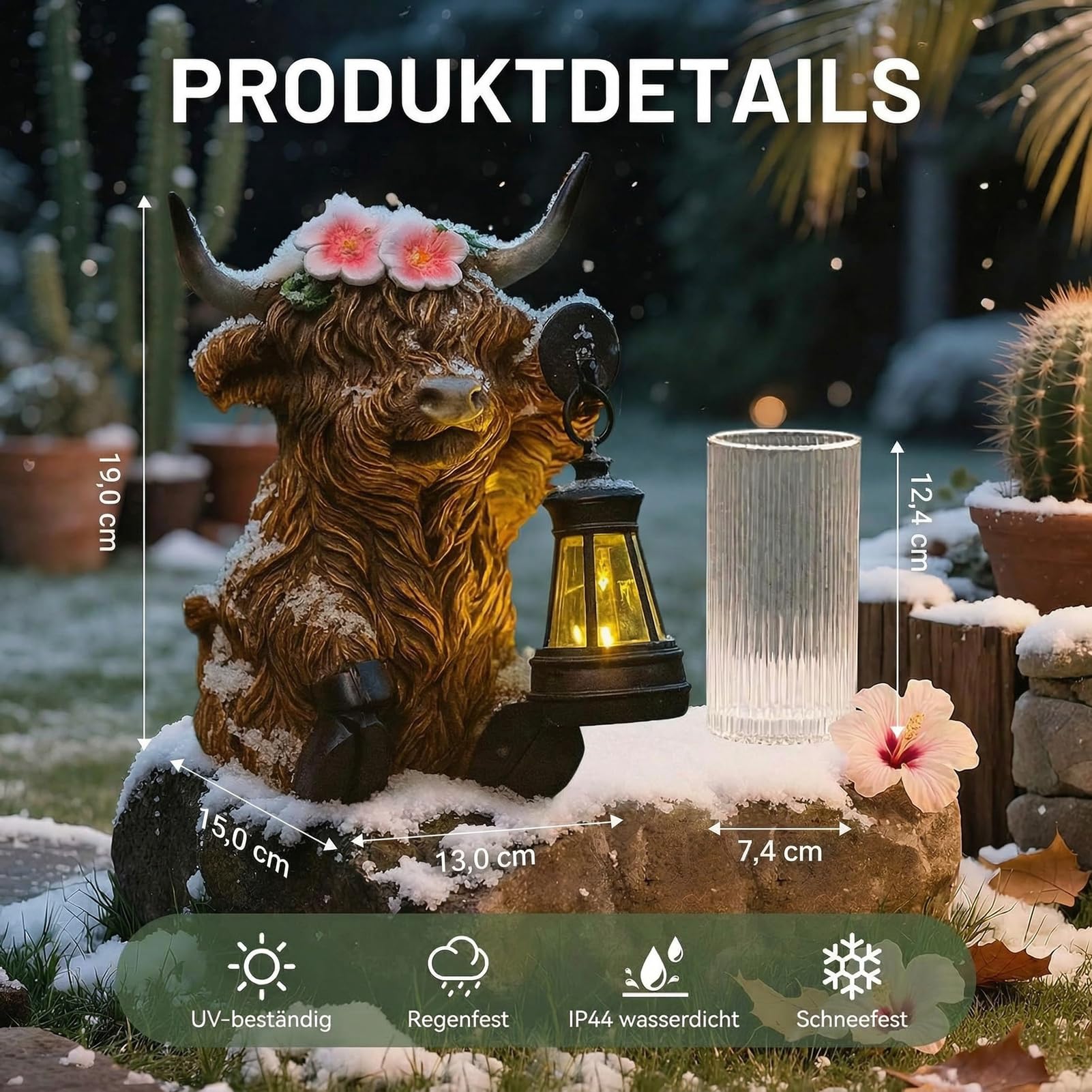 Highland Cow Kuh Figuren mit Blumen Solar Deko für Gartendeko & Wohnzimmer - Solar-Laterne, Bernstein-LED, autom. EIN/Aus, wetterfeste Harzfigur für Garten, Balkon & Bauernhof-Deko