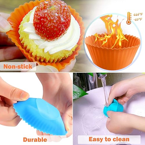 Miniatura 5 de IPOW Juego de 24 moldes de silicona para hornear cupcakes, reutilizables, de grado alimenticio, sin BPA, antiadherentes, 2 formas, rectángulo redondo