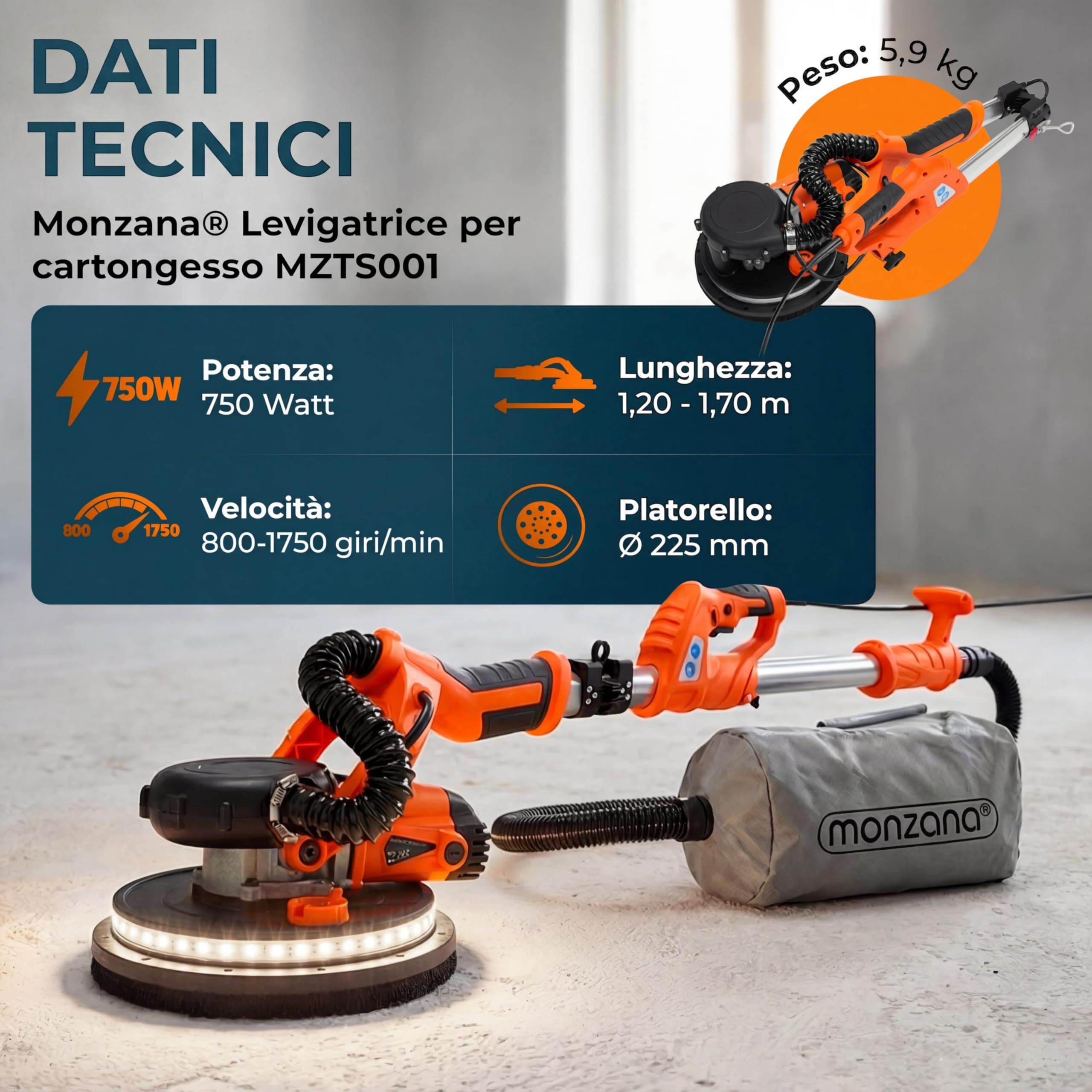 MONZANA® Levigatrice Muro 750Watt Telescopica Cartongesso Giraffa Levigatura Professionale Pareti 12 Dischi Abrasivi Carteggiatrice Soffitti Orbitale
