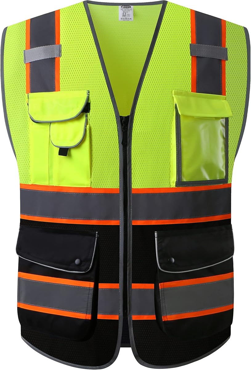 Safety Vest for Men Women Reflective Hi Vis JK100 YBlack XL | ANSI standards 9 Pockets, 4 Reflective Strips with Neon Trim High Visibility Lightweight Constructions & Outdoor Activities