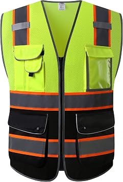 JKSafety Safety Vest for Men Women Reflective Hi Vis JK100 YBlack 2XL | ANSI standards 9 Pockets, 4 Reflective Strips with Neon Trim High Visibility Lightweight Constructions & Outdoor Activities
