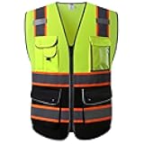 JKSafety 9 Pockets High Visibility Dual Color Zipper Front MESH Lite Safety Vest | Orange Color Triming Reflective Strip | ANSI/ISEA Standards (100-Yellow-Black, L)