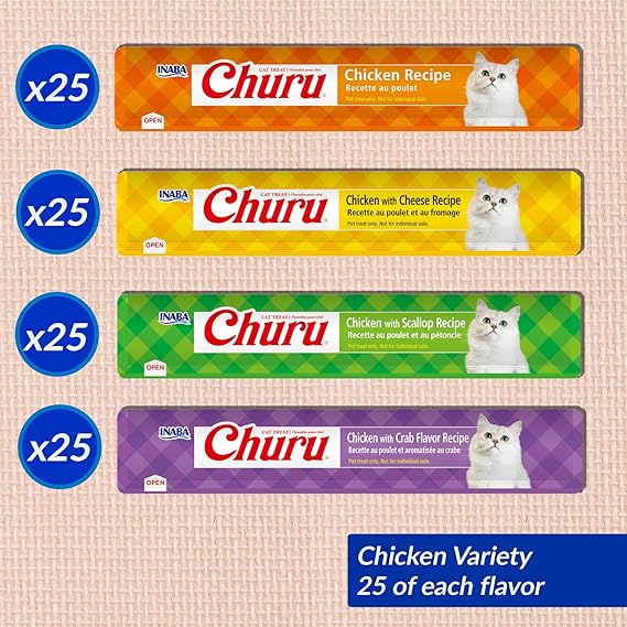 INABA Churu Cat Treats, Lickable, Squeezable Creamy Puree with Vitamin E, 0.5 Ounces per Tube, 100 Tubes Total, Chicken Variety