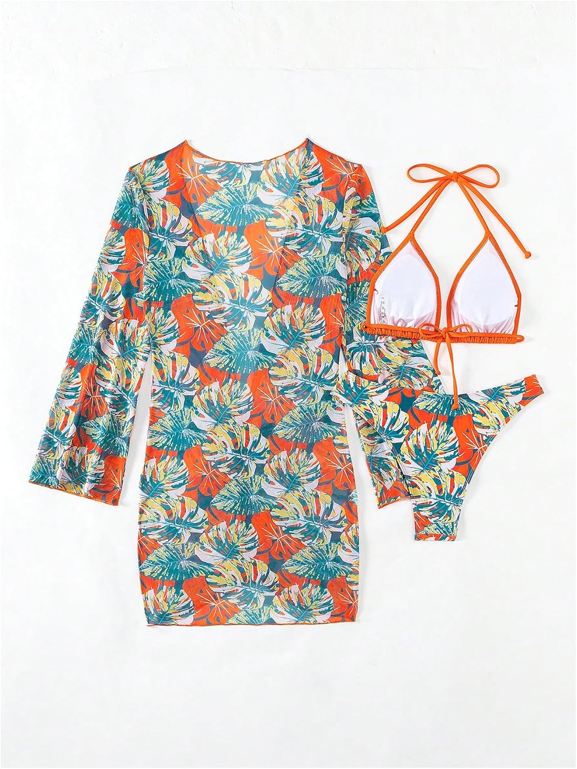 WDIRARA Women's 3 Pieces Bikini Sets Tropical Print Triangle Halter Swimsuits with Mesh Swim Cover Up Dress