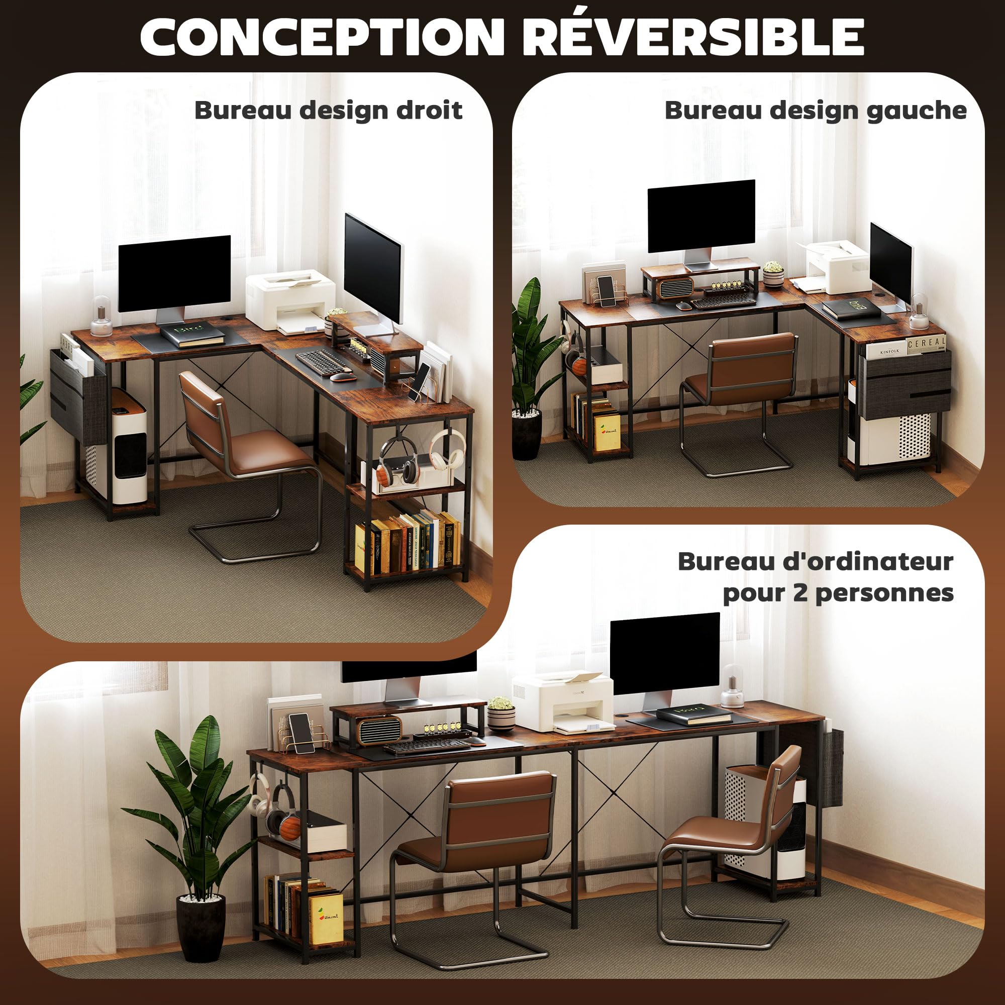 HOMCOM Bureau d'angle Réversible Étagère Réglable 168-240 cm Brun Rustique