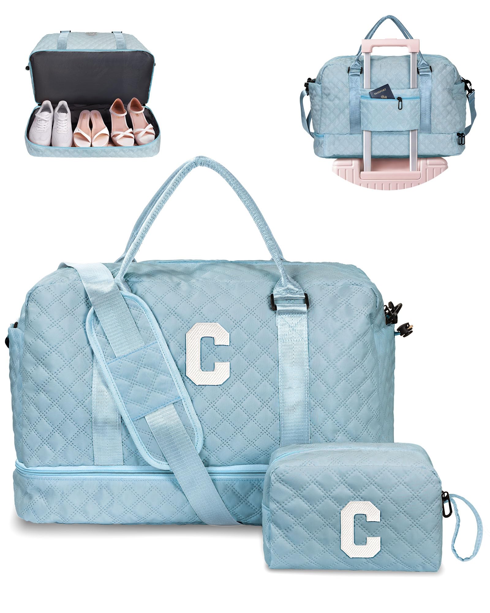 Vogewood Birthday Gifts for Women-Initial Duffle Bag, Personalized Monogram Overnight, letter Travel Bag with Shoe Compartment and Makeup Bag