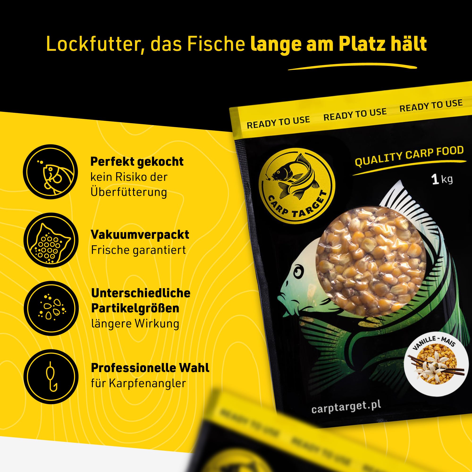 Gotowa kukurydza wędkarska 1 kg Wanilia - Naturalna zanęta na karpie amury płocie leszcze liny - Zapakowana próżniowo - Duża odmiana ziaren ugotowana w punkt - Słodki i owocowy zapach