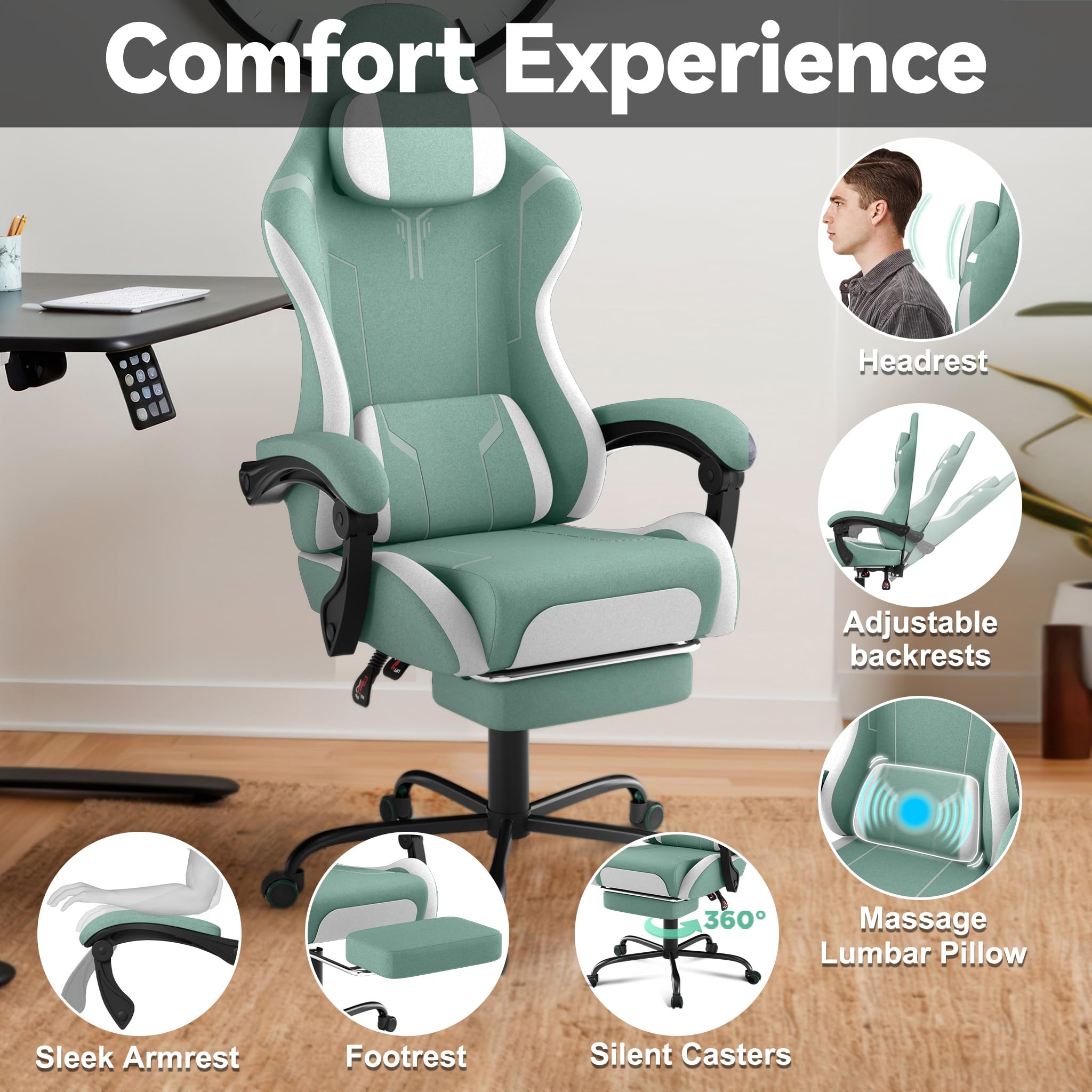 ACXIN Silla de gaming con reposapiés y reposacabezas, silla ergonómica para gaming con cojín lumbar de masaje, respaldo ajustable 90-135°, reposabrazos acolchados para gamer - Verde