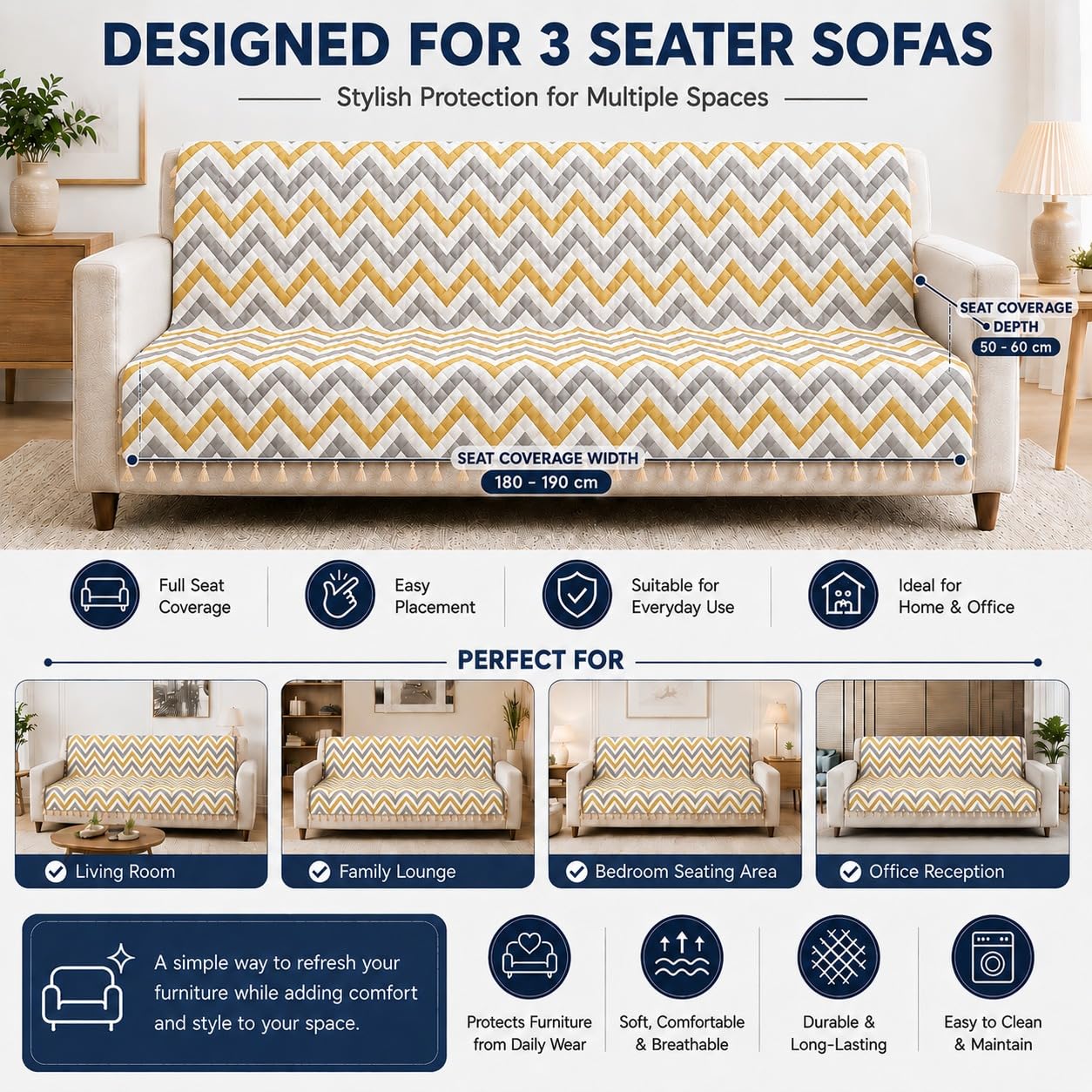 Velvet Sofa Cover - 4 Seater, Yellow Zigzag -4 Velvet Sofa Cover - 4 Seater, Yellow Zigzag -4
