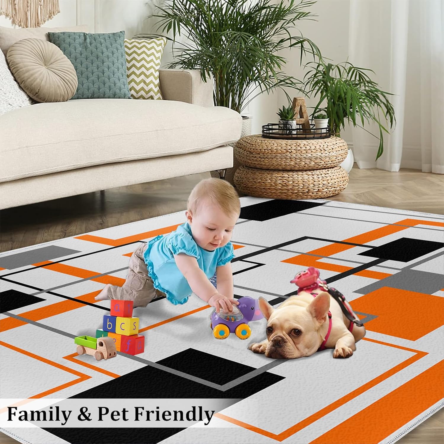 Retro Colorful Geometric Squares Area Rug, Medieval Art Orange Irregular Non Slip Carpet, Low Pile Easy Machine Washable Rug for Living Room Bedroom Study Dining Room - 2 ft x 3 ft