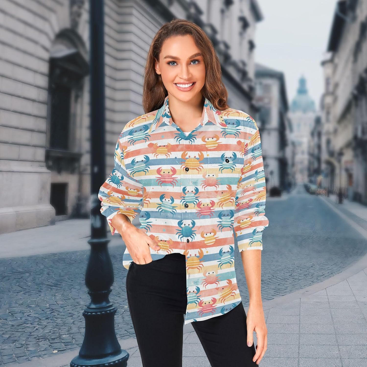 KLL Striped Pattern Cute Watercolor Crabs Womens Men's Cotton Rugby Shirts Outdoor Long Sleeve Tops