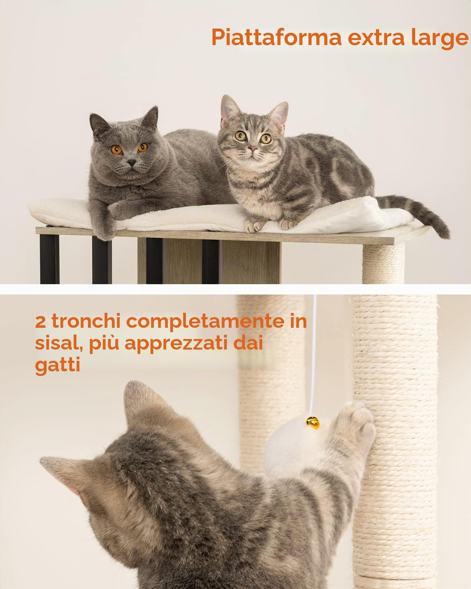 FourFurPets 3-Tier Modern Albero per Gatti Alto 111 cm, Tiragraffi per Gatti, con 2 Pali Graffiatoi in sisal, 3 Piattaforma Grande, Pompon, Greige