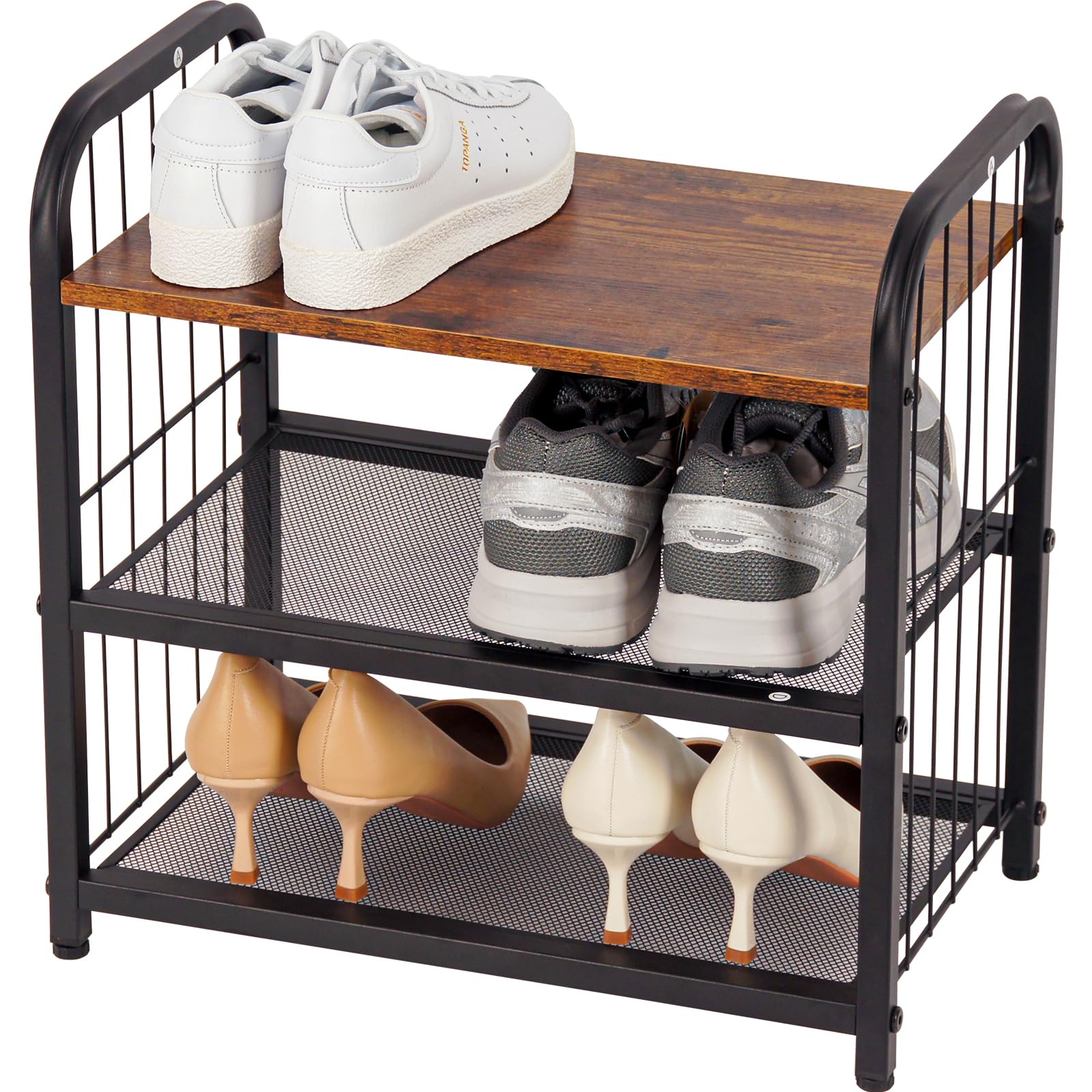 BWOORACKU 3-Tier Shoe Rack with Guardrails, Heavy-Duty Metal Mesh Shelves & Rustic Wooden Top - Space-Saving Organizer for Closet, Entryway, and