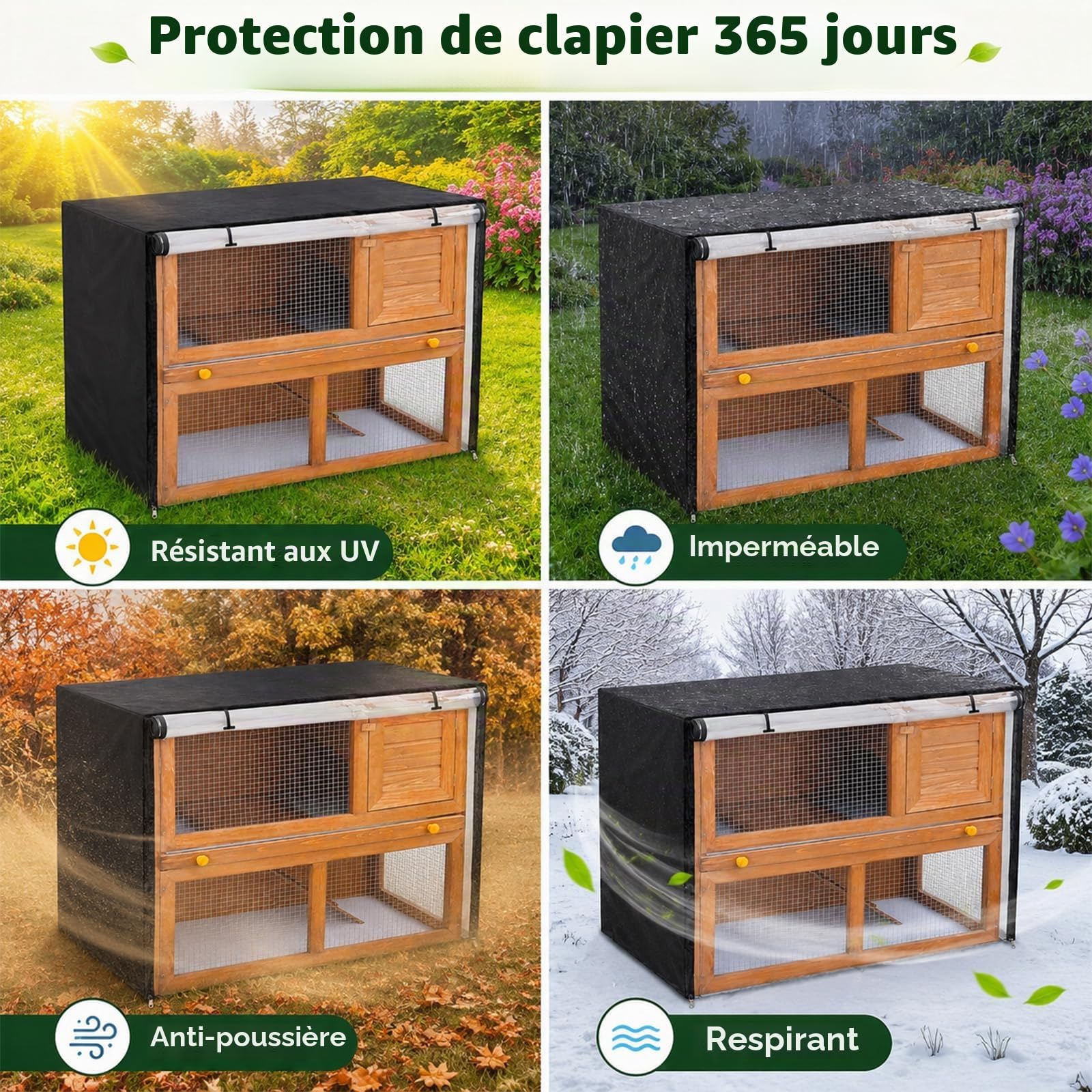 Housse de clapier double de 122,9 cm, coupe-vent, imperméable, thermique, pour cage à lapin, cochon d'Inde, enclos et clapiers d'extérieur pour petits animaux. Housse anti-poussière pour clapier pour