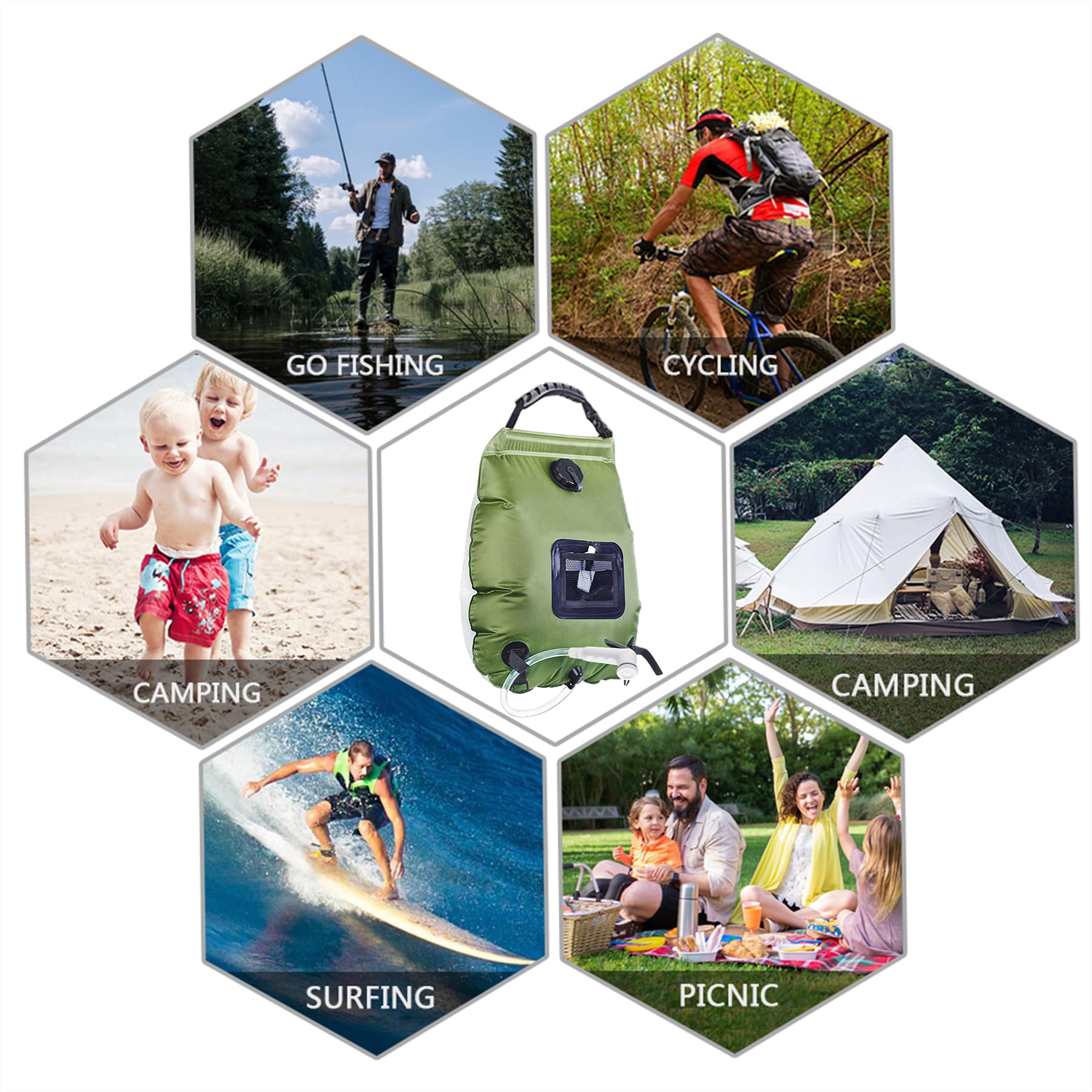 Sac de Douche Solaire Camping,20L Douche de Voyage avec Pomme de Douche,Solaire Sac de Douche,Pliant Extérieur pour Douche,Température 45 °C avec Commutable Tête de Douche,pour Randonnée Escalade