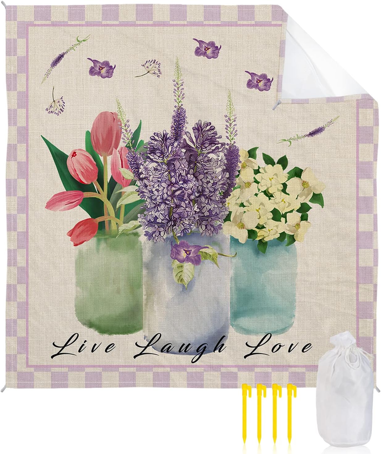 Farm Blooming Floral in Bottle Beach Blanket Waterproof Sandproof Outdoor Picnic Mat 118"x108" Purple Chic Buffalo Lattice Border Lightweight Large Beaach Blankets with 4 Stake & 4 Corner Pockets