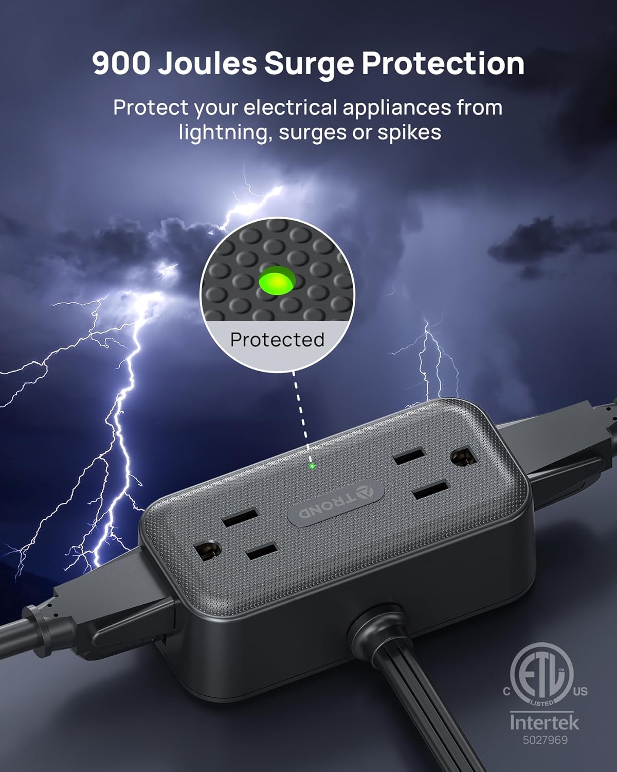 TROND 360° Rotating Flat Plug Power Strip, 5FT Extension Cord with 4 USB Ports, 4 Wide Spaced AC Outlets, Wall Mount, 900J Surge Protector for Office Travel Dorm Room Essentials, Black