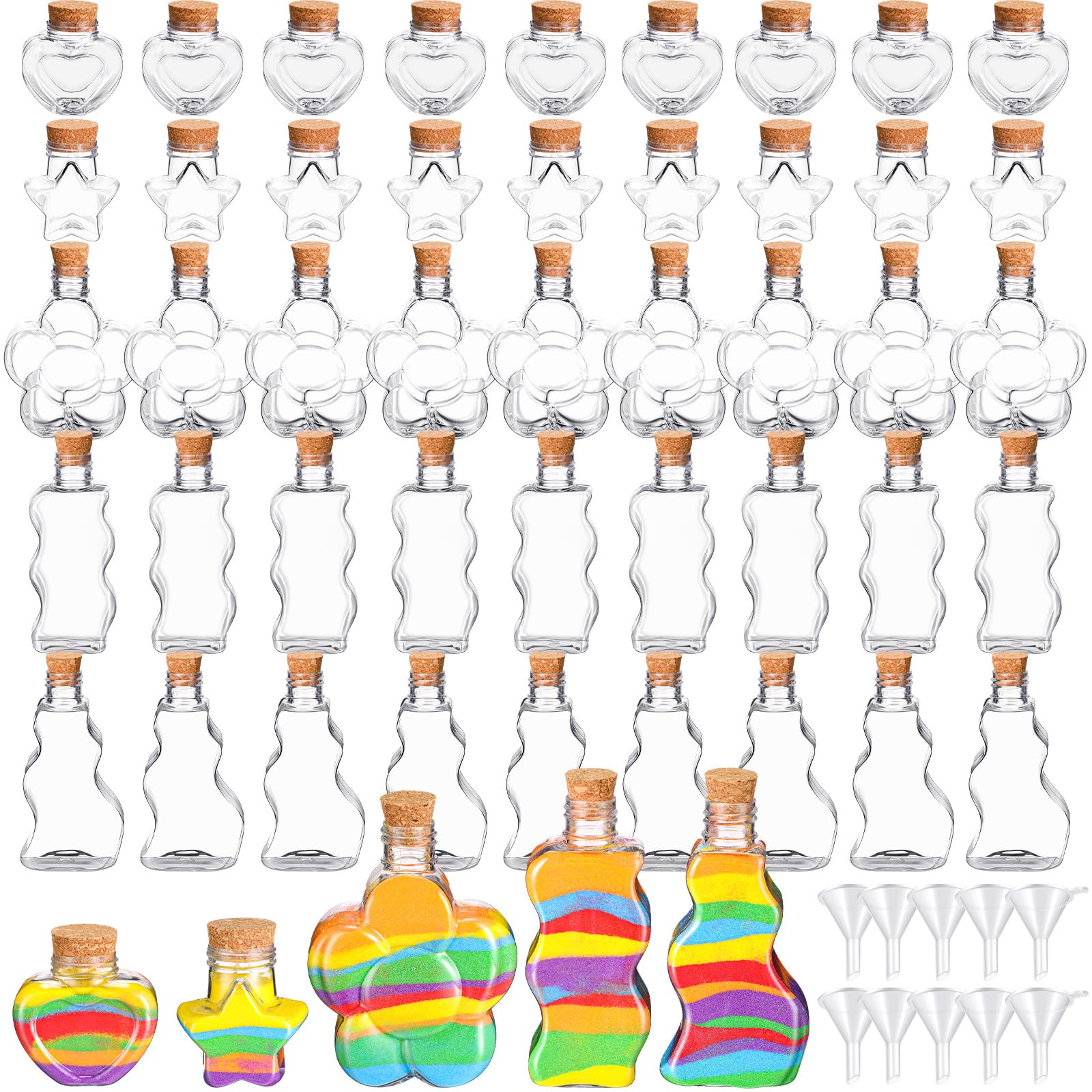 Shappy 50 Pcs Plastic Sand Art Bottles with Cork and Funnels Clear Sand Art Containers for Boys and Girls Craft Collection Bottle for DIY Crafts Wedding Birthday Party Favors Wish, 5 Style
