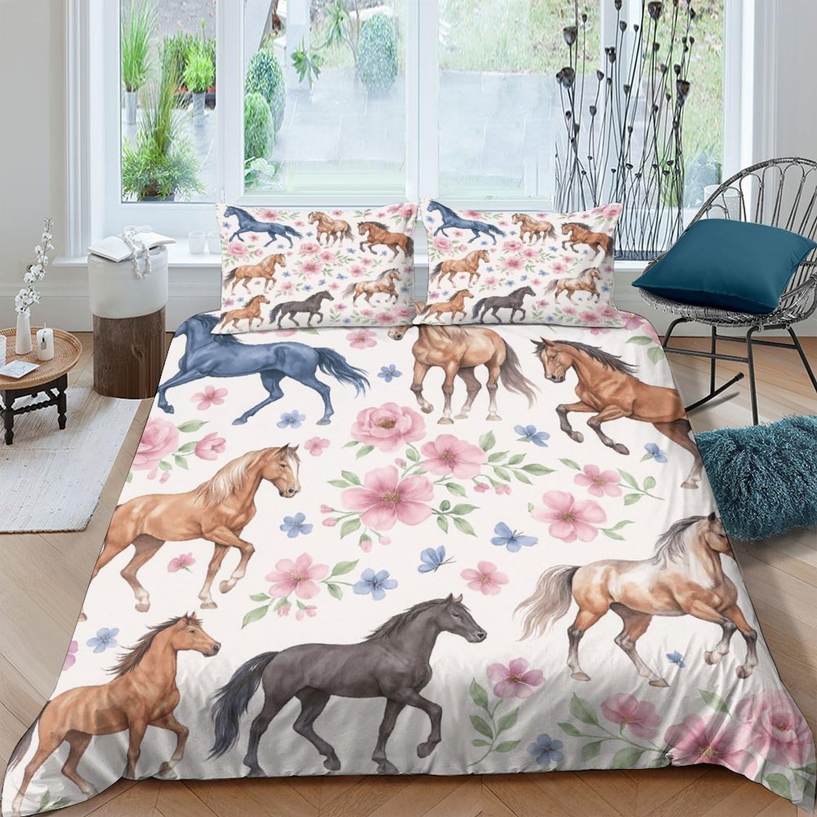 Ctjqhvkz Style-3 3D Printed Watercolor Horse Fitted Sheet Microfiber Floral Mattress Cover Anti-Slip Machine Washable Bedroom Decor For Home Guest Room Single（135X200cm）