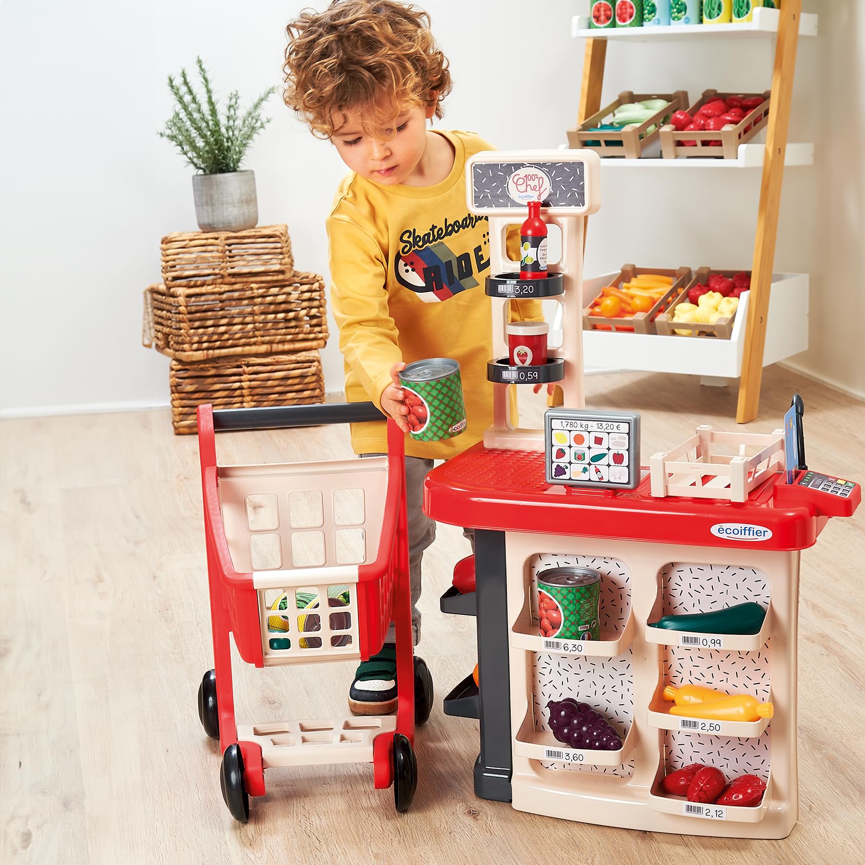 Ecoiffier 100por ciento Chef supermercado con Carrito, mostrador con Productos, TPV, báscula, micrófono y Accesorios, Juego de imitación Desde 18 Meses (7900001676)