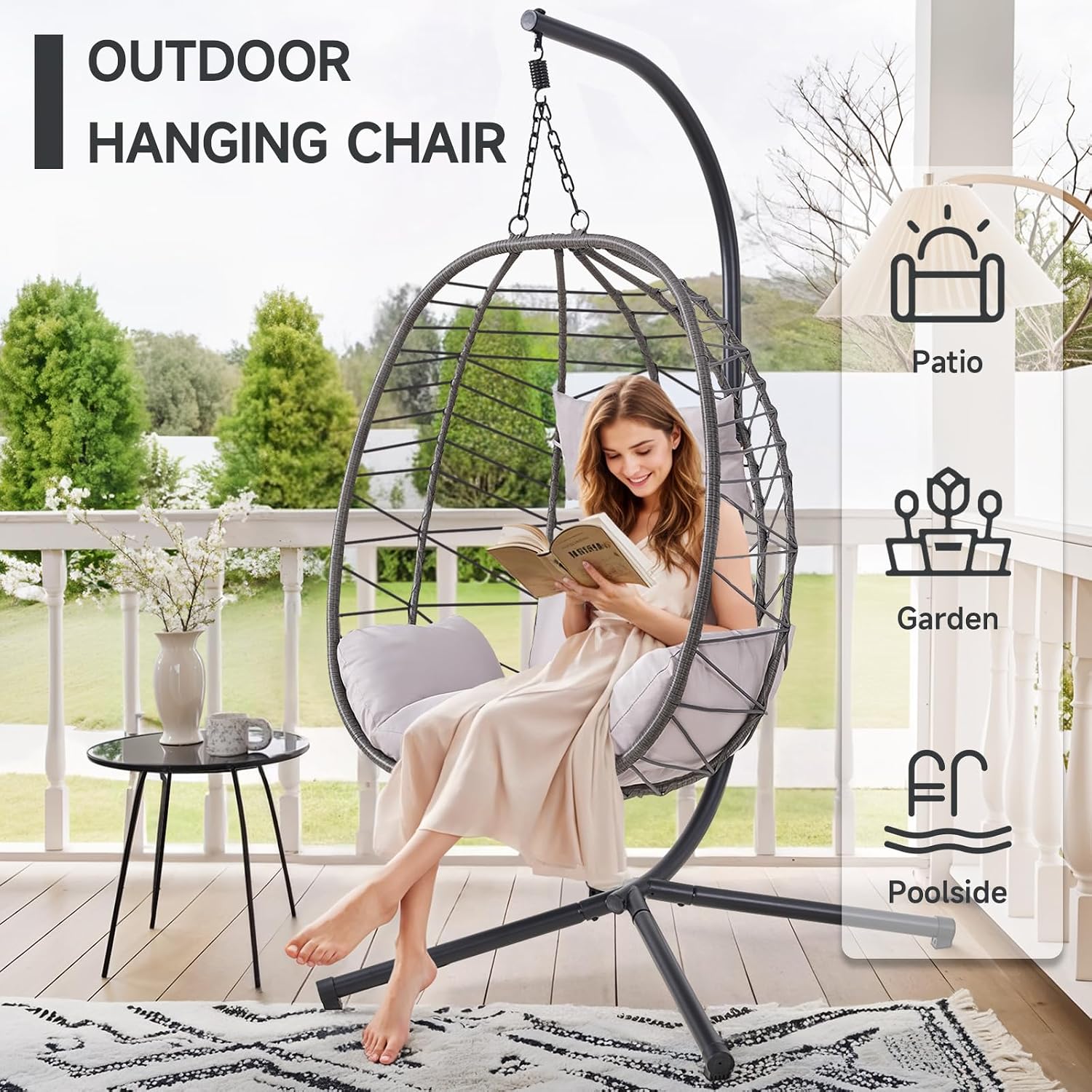 ONBRILL Hanging Egg Chair with Stand, Outdoor Indoor Egg Swing Chair with Cushion Headrest, Rattan Wicker Egg Chair with Dual Chains, 350LBS Capacity for Patio, Porch, Balcony, Bedroom (Khaki)