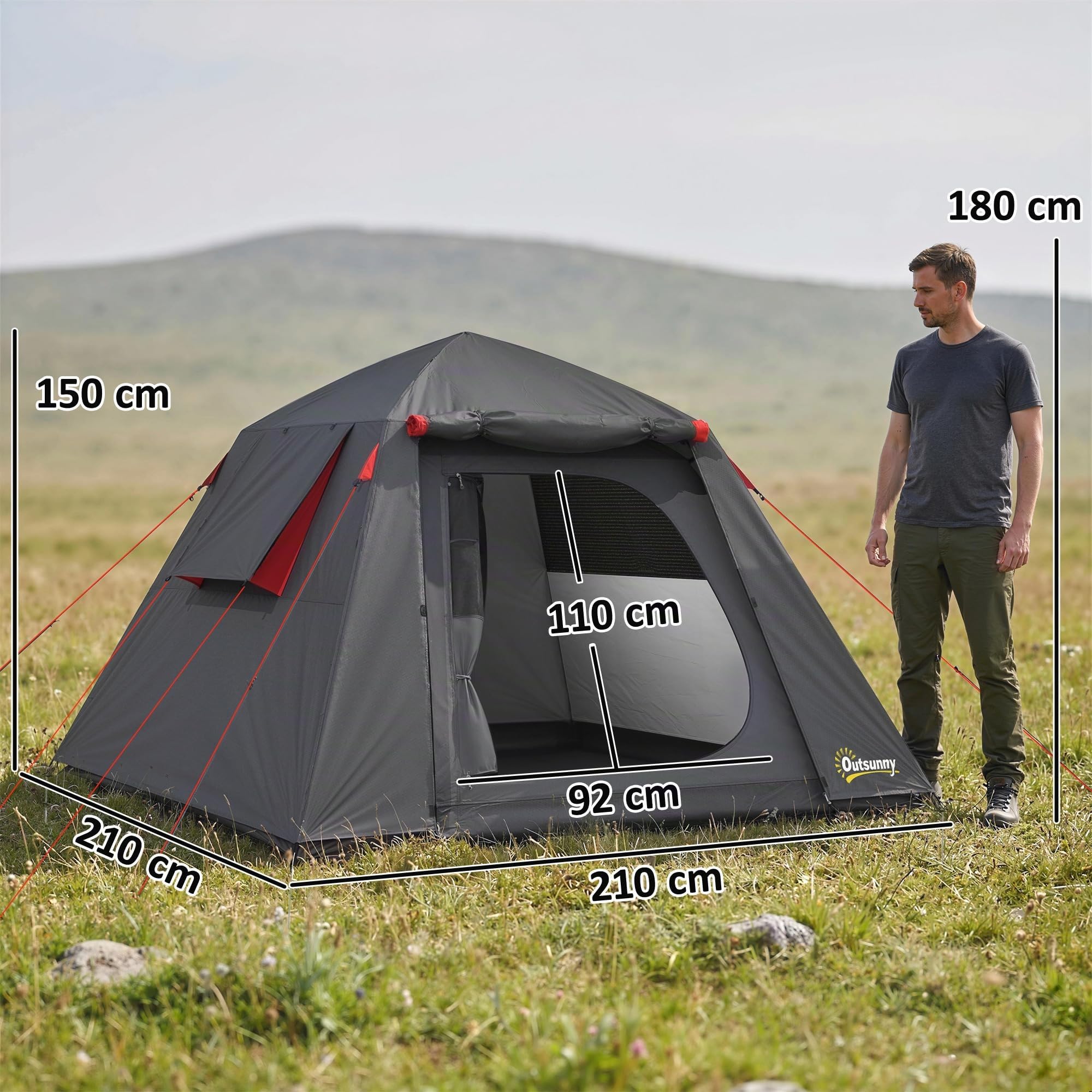 Outsunny Tente de Camping Dôme 2 Personnes Imperméable 3000mm Gris Foncé | 3-4 Saisons, Grande Hauteur 150cm, Montage Rapide, 2 Portes, Abri de Bivouac Autoportant, 22 Piquets