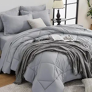 HEVUMYI Light Grey Twin Comforter Set - 5-Piece All Season Bed in a Bag Twin, Ultra Soft Bedding Set with Comforter, Flat Sheet, Fitted Sheet, Pillowcases, Pillow Shams, Light Gray