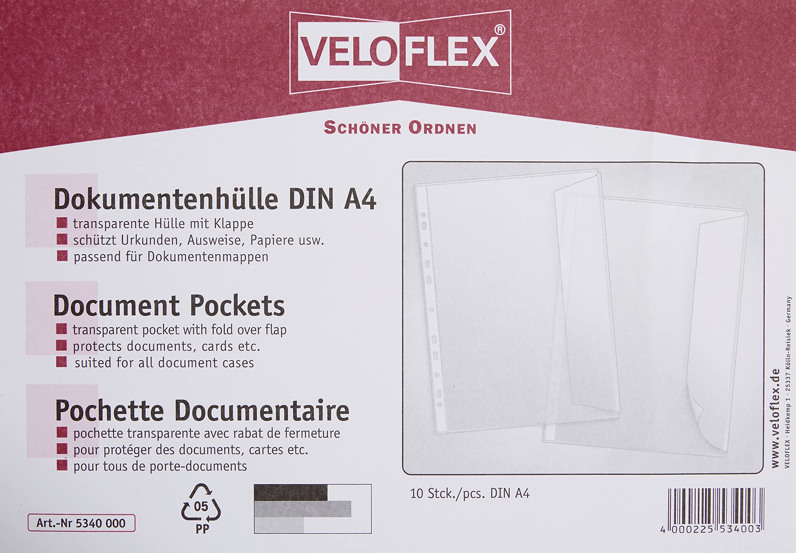 goldbuch 54958 Dokumentenmappe, Mappe für DIN A4 Unterlagen, ca. 29 x 36 cm, Schwarz & Veloflex 5340000 - Dokumentenhüllen DIN A4, aus PP 130my, dokumentenecht, transparent farblos, 10er Packung