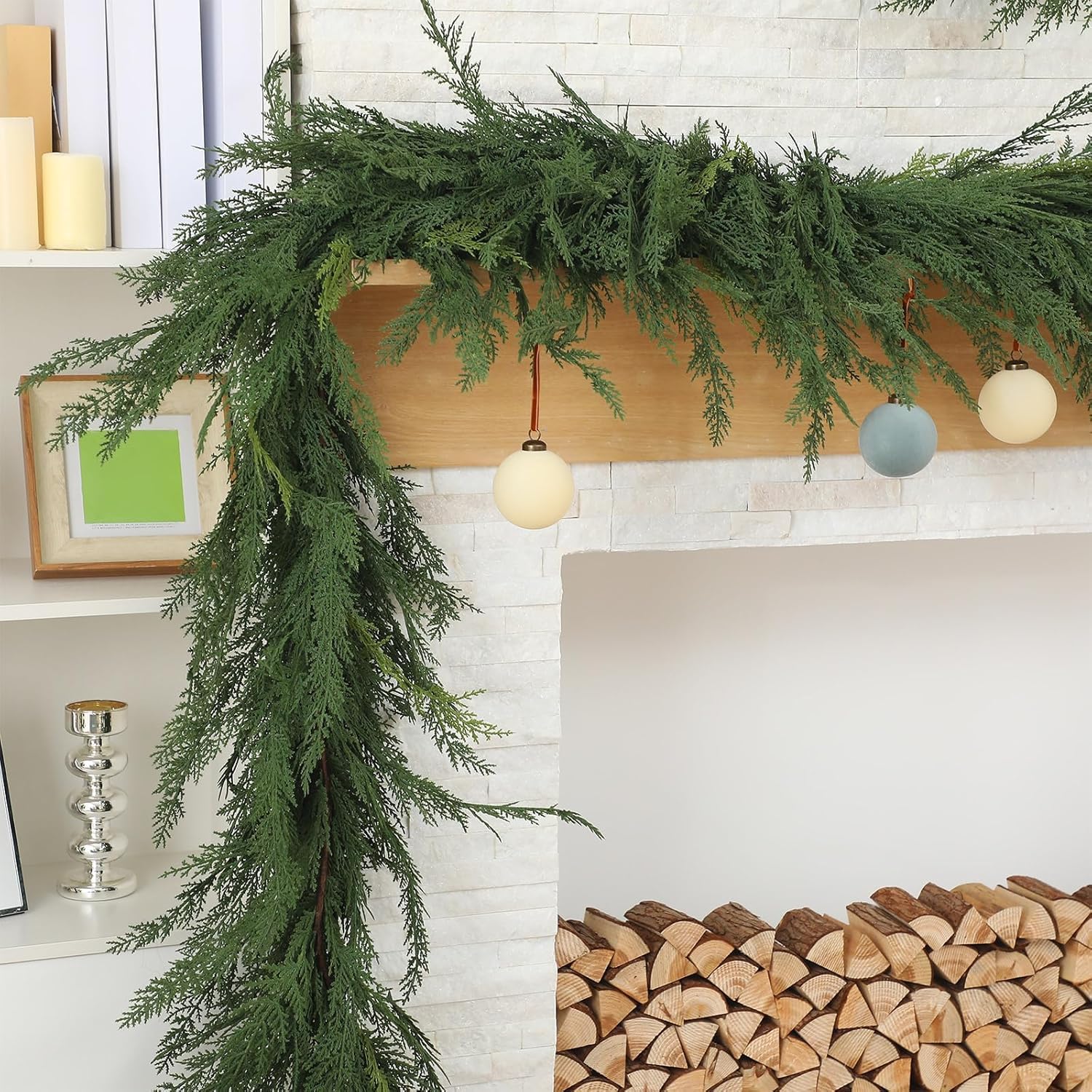 Jutom 1 PCS 9 ft Christmas Cedar Garland - Green Artificial Realistic Cedar Garland Faux Decoration for Table, Mantel, Wall Winter Holiday Party - Image 7